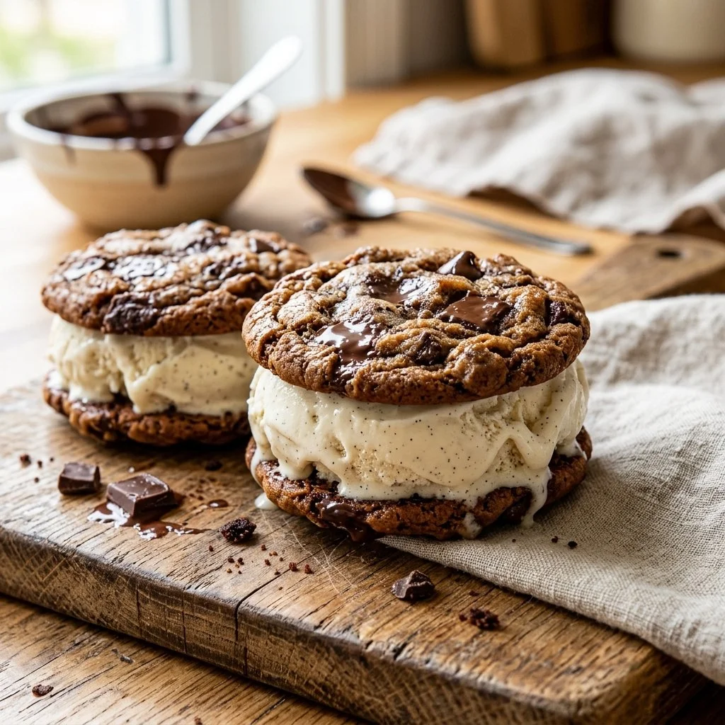 Homemade ice cream sandwiches filled with colorful ice cream between cookies.