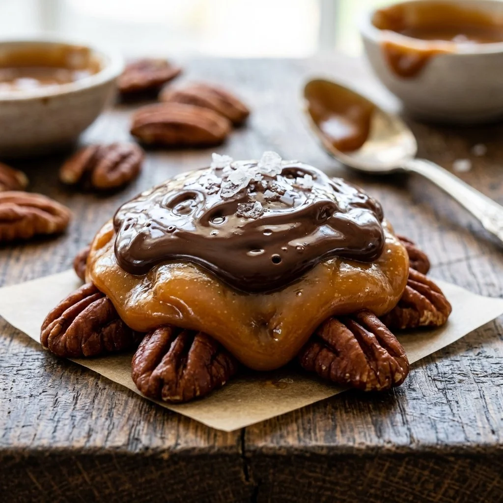 Homemade turtle candy drizzled with chocolate and topped with nuts