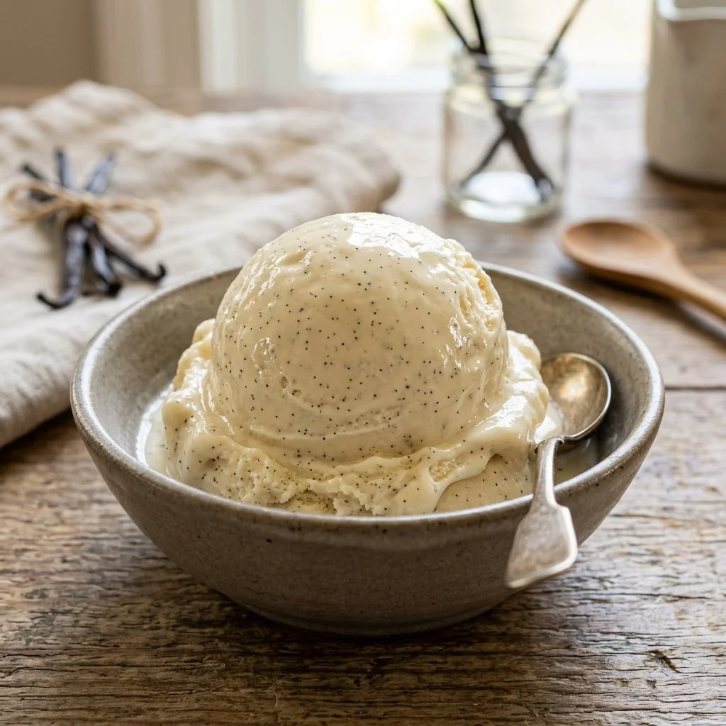 Homemade vanilla ice cream in a bowl topped with sprinkles