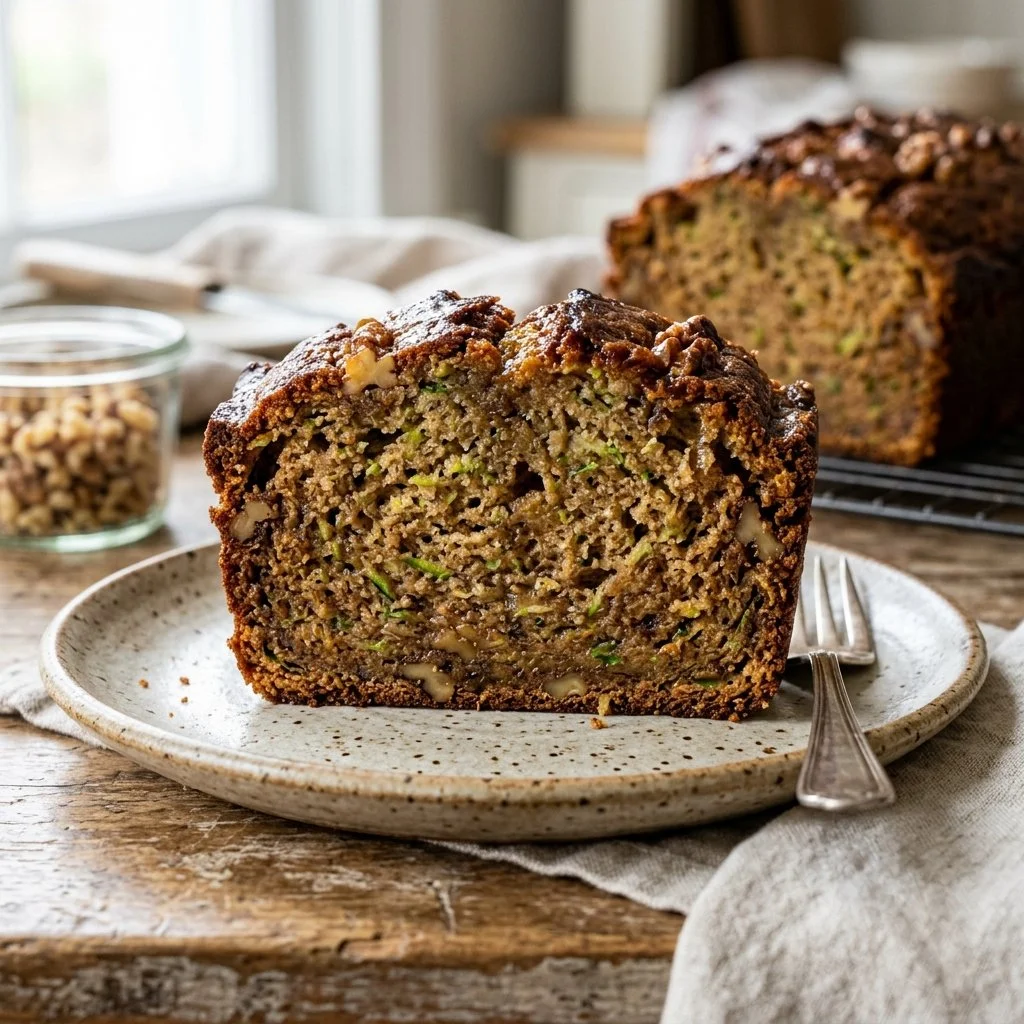 Loaf of homemade zucchini bread on a wooden cutting board