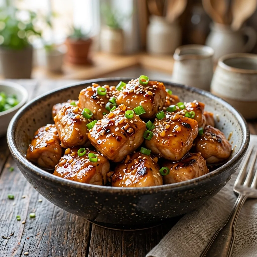 Delicious Honey Garlic Chicken garnished with sesame seeds and green onions