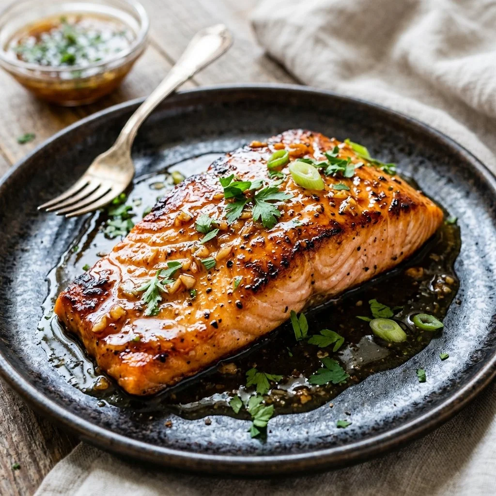 Honey garlic glazed salmon fillet garnished with herbs on a plate