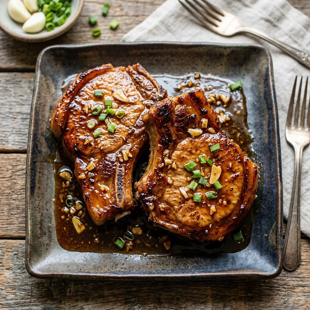 Honey garlic pork chops served with a side of vegetables