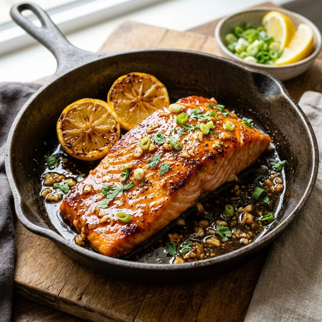 Delicious honey garlic salmon served with a side of vegetables