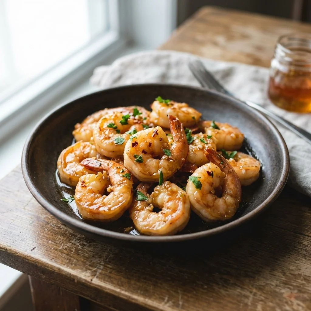 Plate of Honey Garlic Shrimp garnished with green onions and served with rice