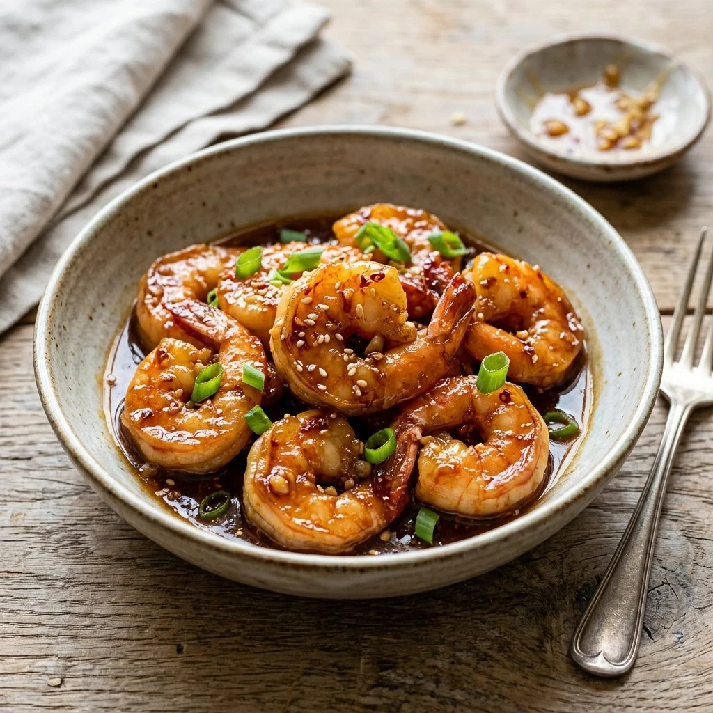 Plate of honey garlic shrimp garnished with green onions and served with rice