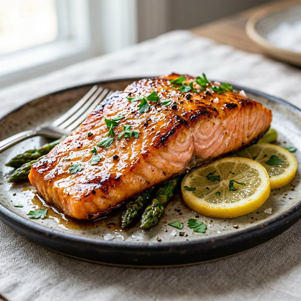 Honey glazed salmon garnished with herbs on a plate