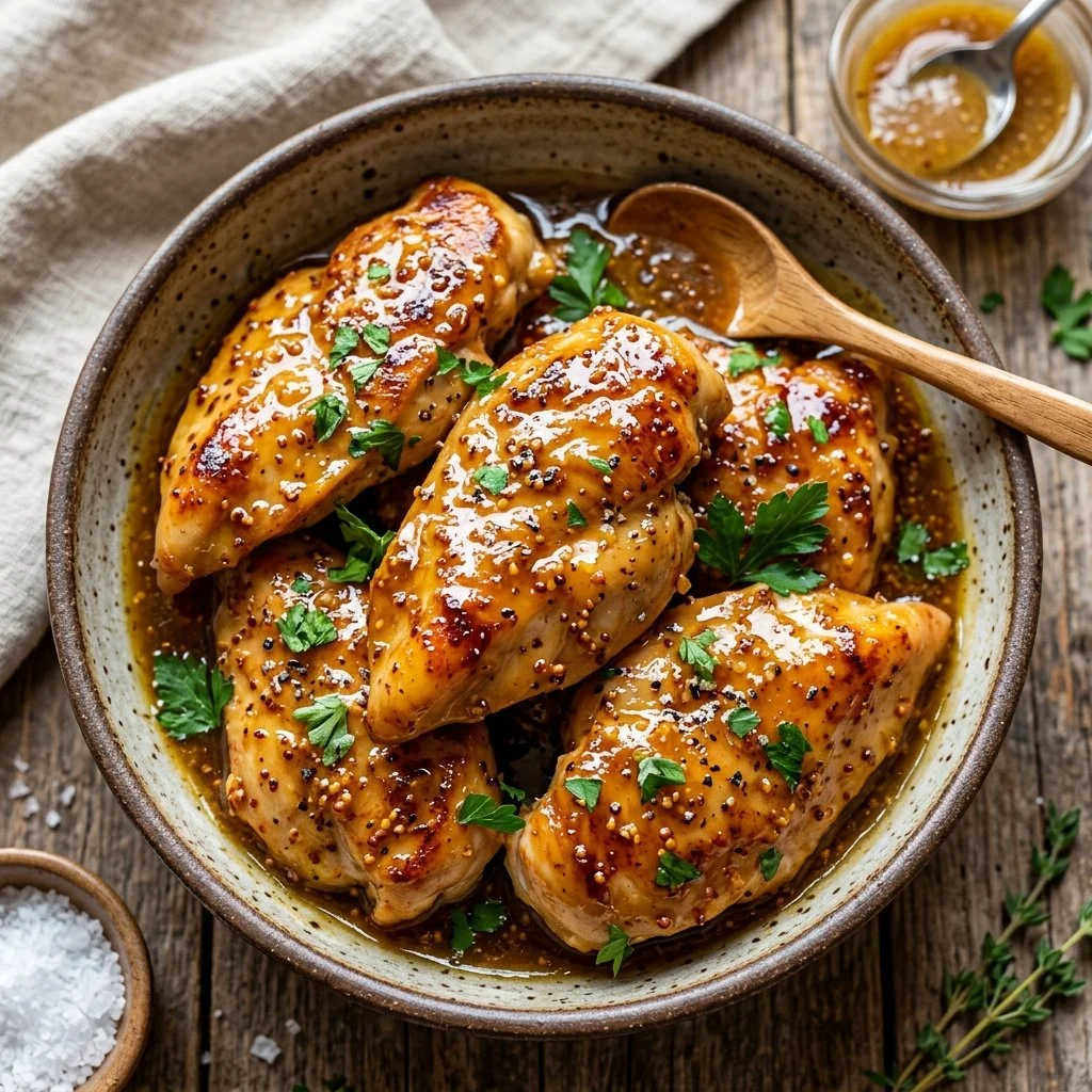 Delicious Honey Mustard Chicken served on a plate with garnish