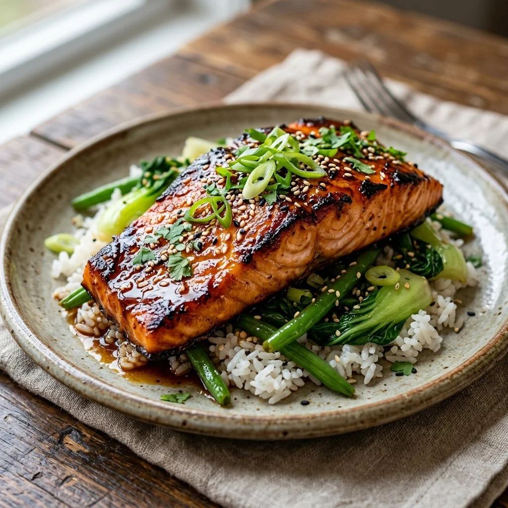 Plated honey soy salmon with vegetables and garnishes