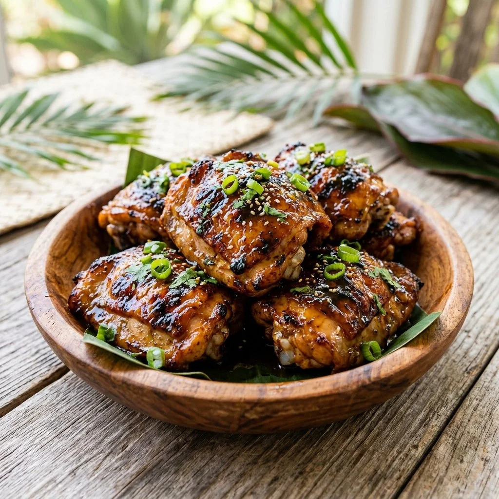 Deliciously grilled Huli Huli Chicken served with tropical sides.