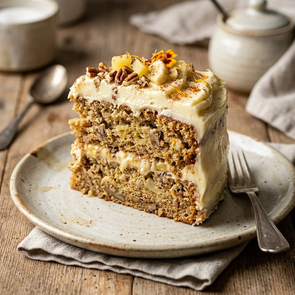 Deliciously moist Hummingbird Cake with banana, pineapple, and pecans.