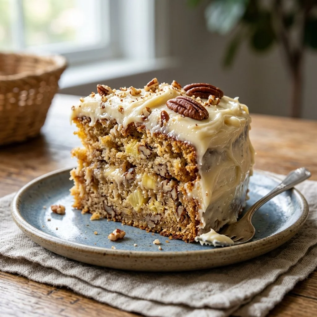 Delicious slice of homemade Hummingbird Cake with cream cheese frosting