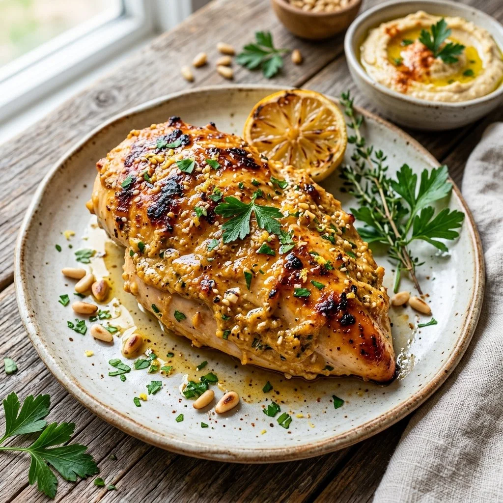 Hummus Crusted Chicken served on a plate with fresh vegetables