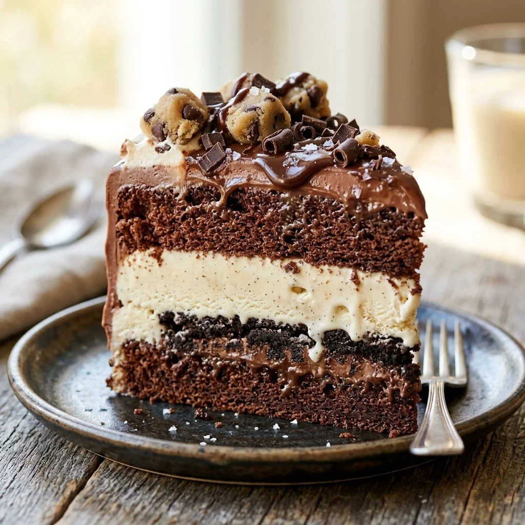 Delicious homemade ice cream cake with colorful layers and toppings