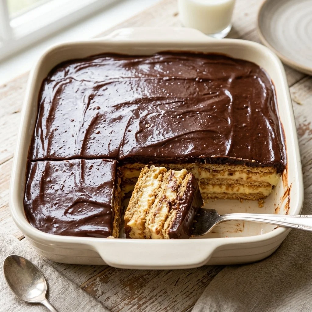 Delicious Icebox Eclair Cake with chocolate frosting and creamy layers