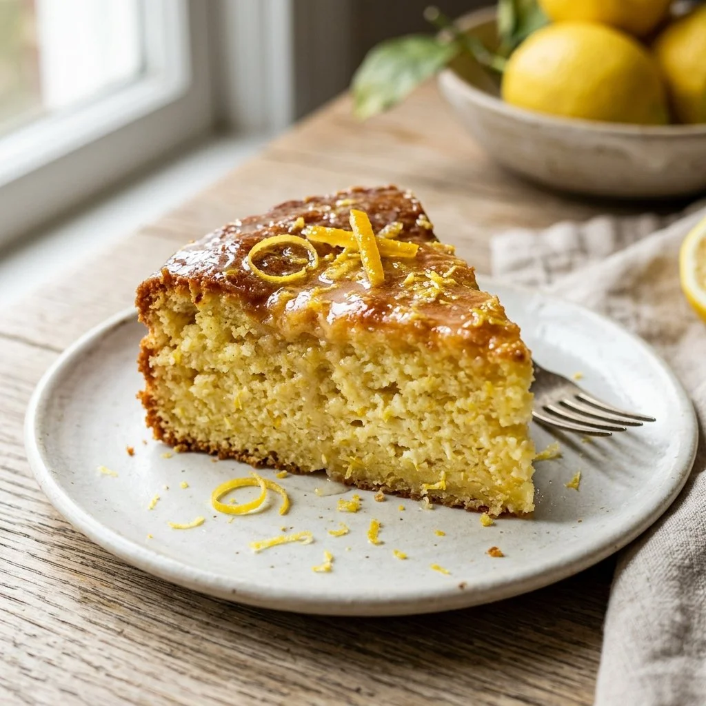 Slice of Italian Lemon Ricotta Cake on a white plate with lemon slices