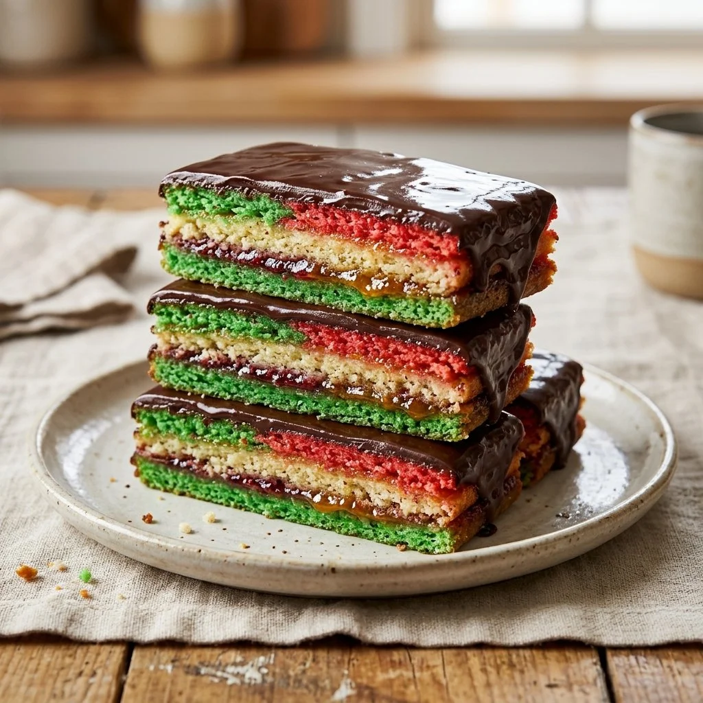 Italian Rainbow Cookies stacked with vibrant layers of almond and chocolate.