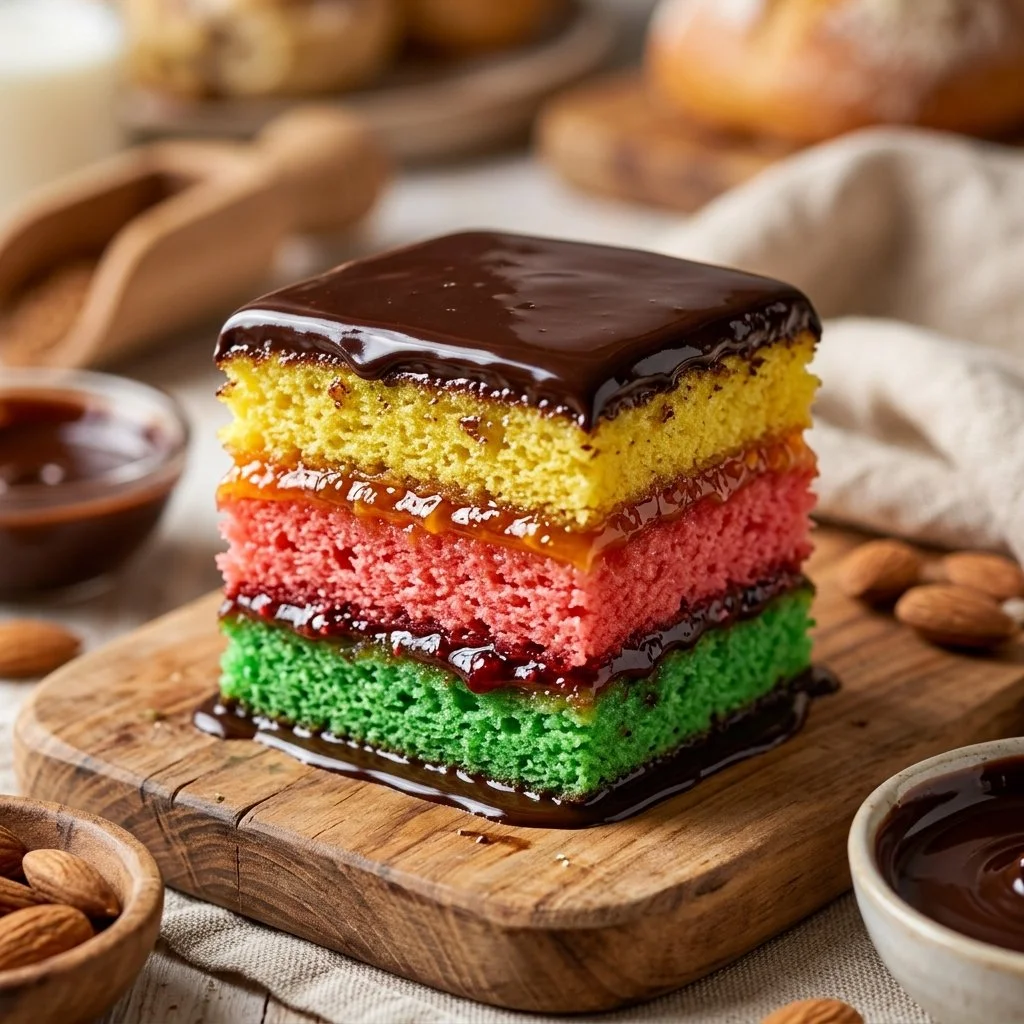 Delicious Italian rainbow cookies stacked on a plate