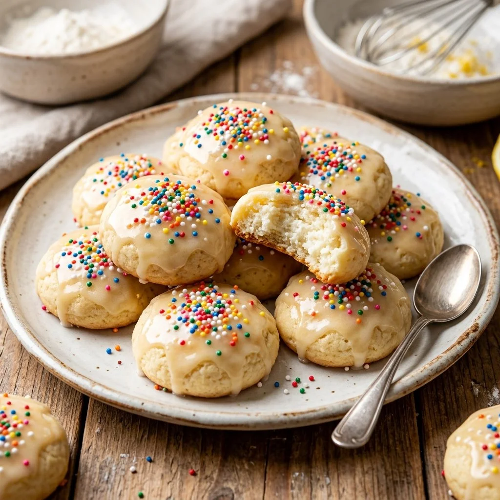Delicious Italian ricotta cookies on a plate dusted with powdered sugar