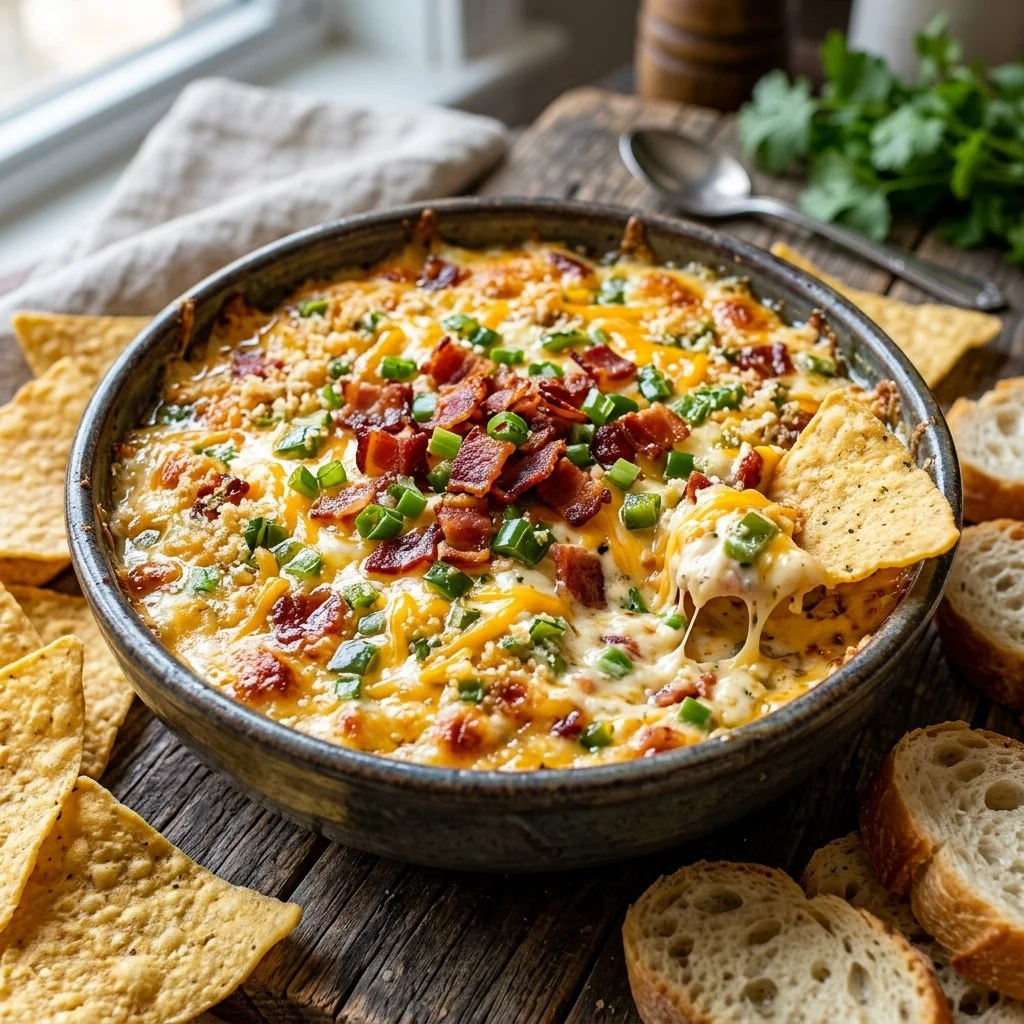 Delicious Jalapeno Popper Dip served in a bowl with crispy tortilla chips