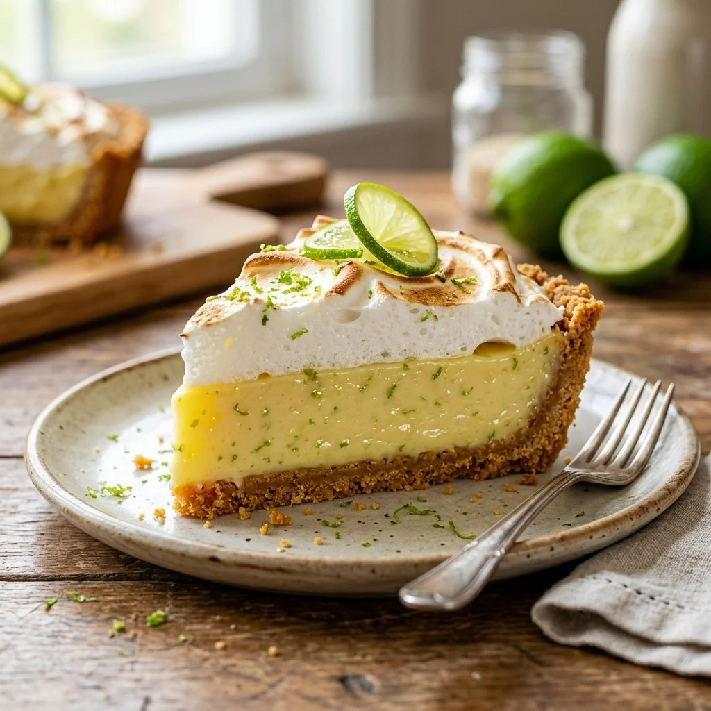 Delicious Key Lime Pie on a plate with a slice cut out, garnished with lime zest