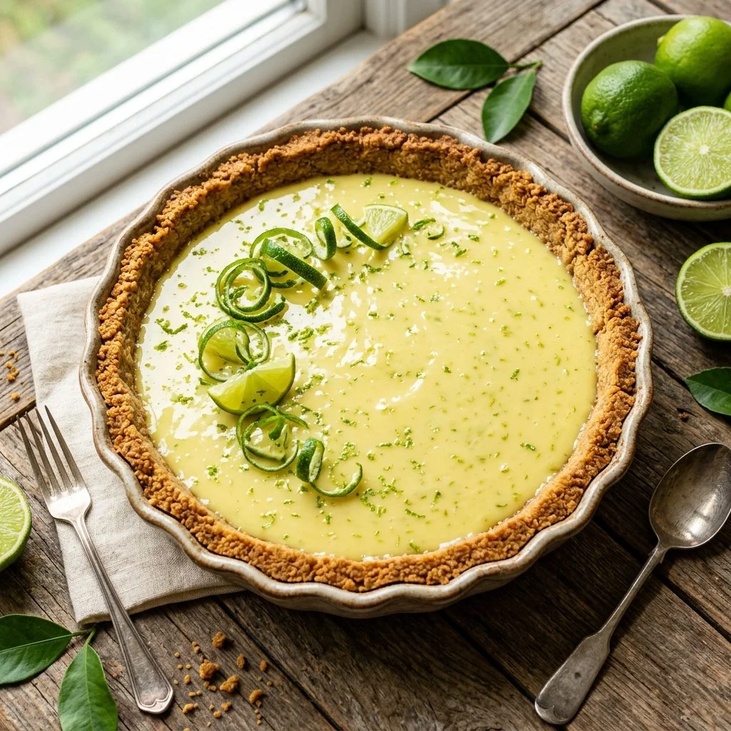 Delicious slice of Key Lime Pie with whipped cream and lime garnish