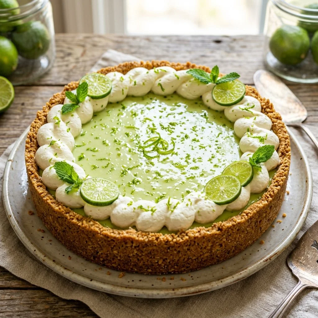 Delicious slice of Key Lime Pie with whipped cream and a lime wedge
