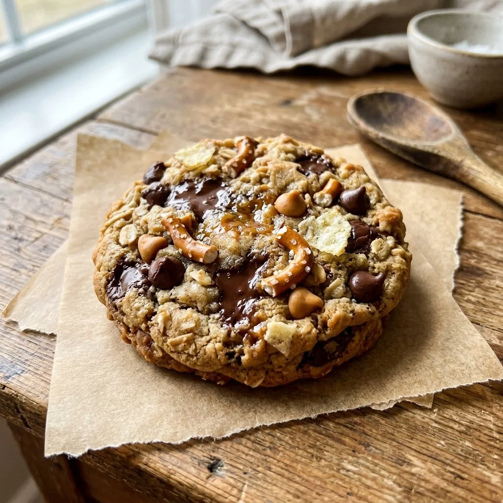 A plate of homemade kitchen sink cookies with nuts, chocolate chips, and colorful sprinkles.