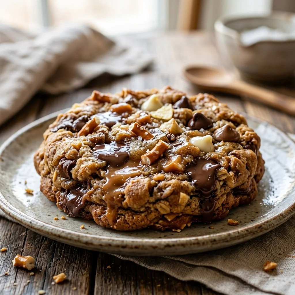 A platter of delicious kitchen sink cookies with various toppings and textures.