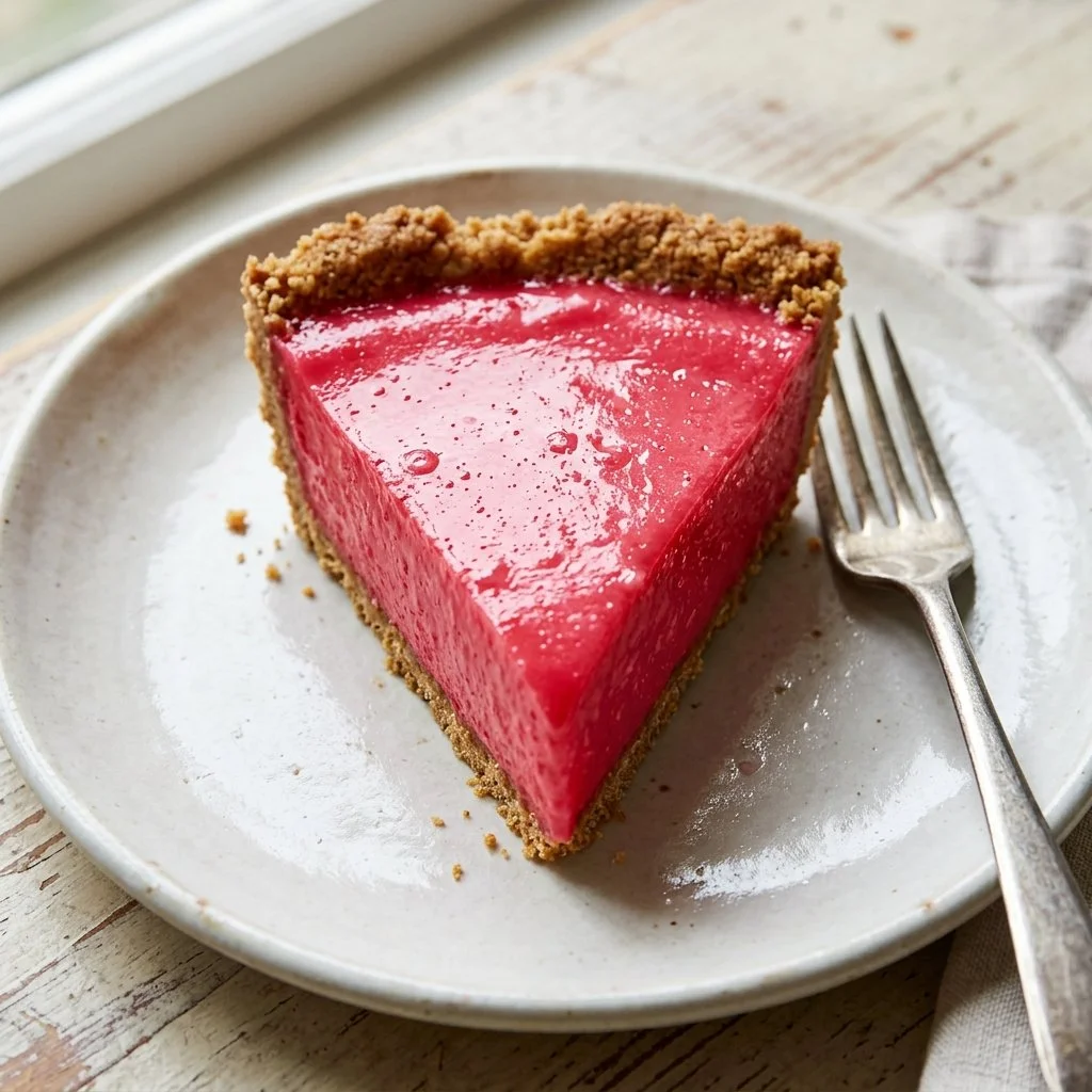 Slice of vibrant Kool Aid Pie on a plate garnished with fruit