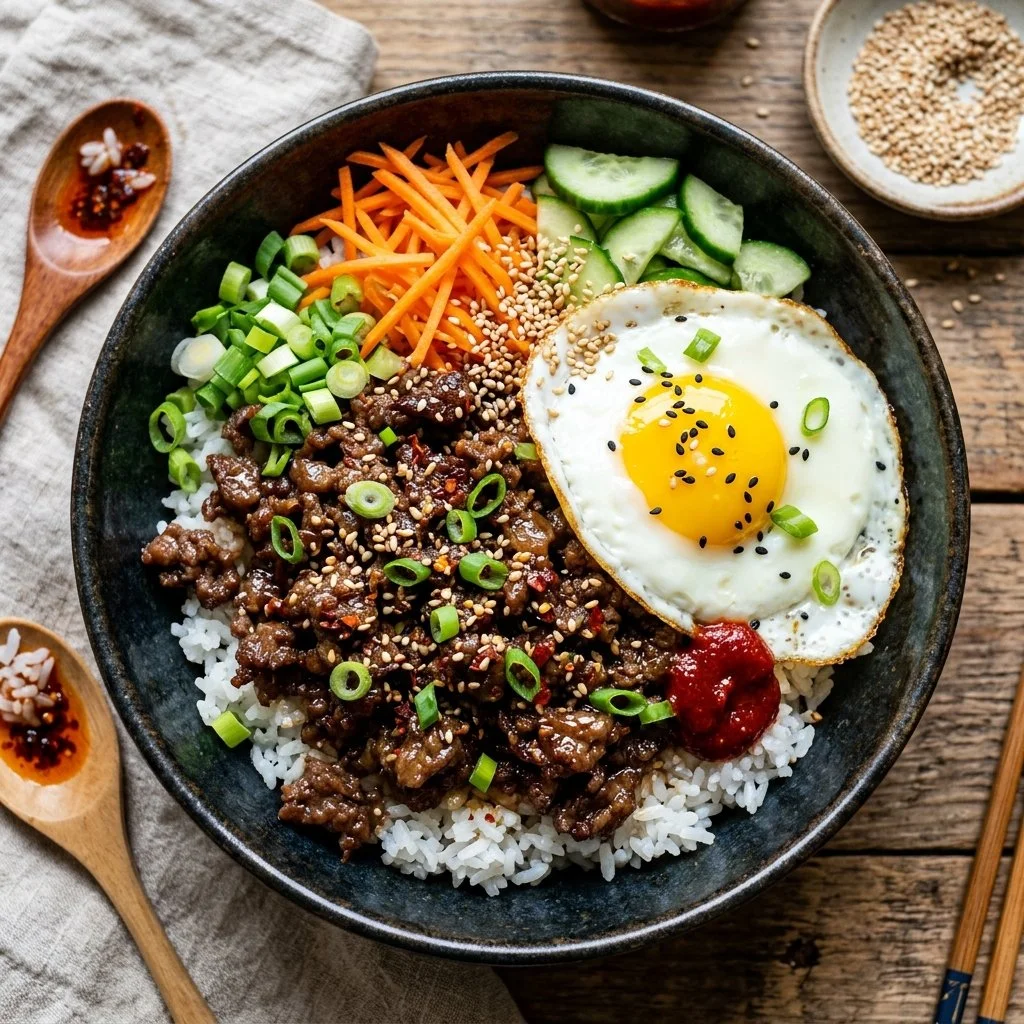 Delicious Korean Beef Bowl featuring marinated beef and fresh vegetables