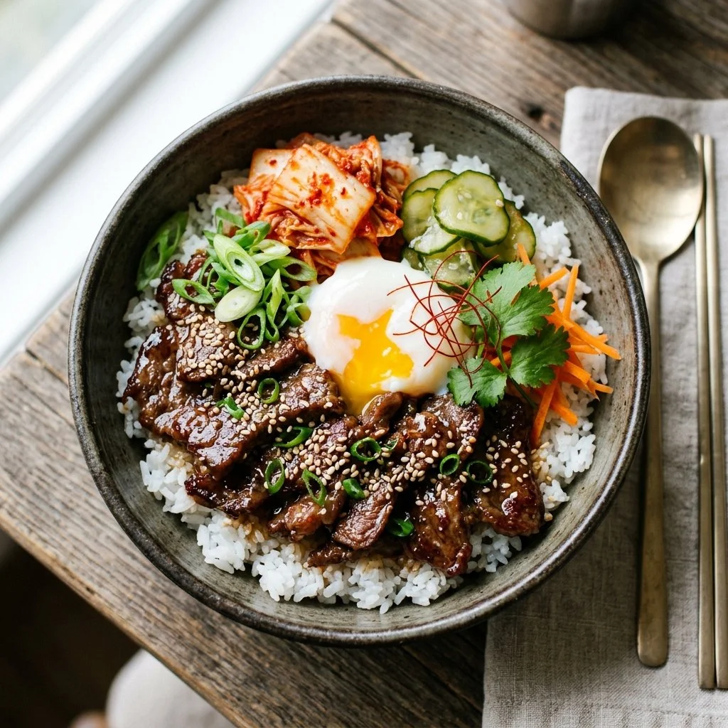 Korean Beef Bowls with rice and vegetables, garnished with sesame seeds and green onions.
