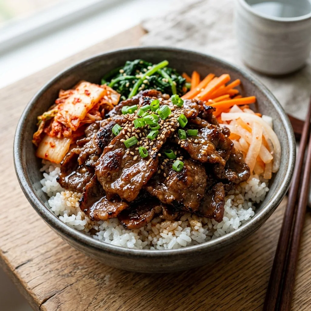 Delicious Korean beef bowls served with vegetables and rice