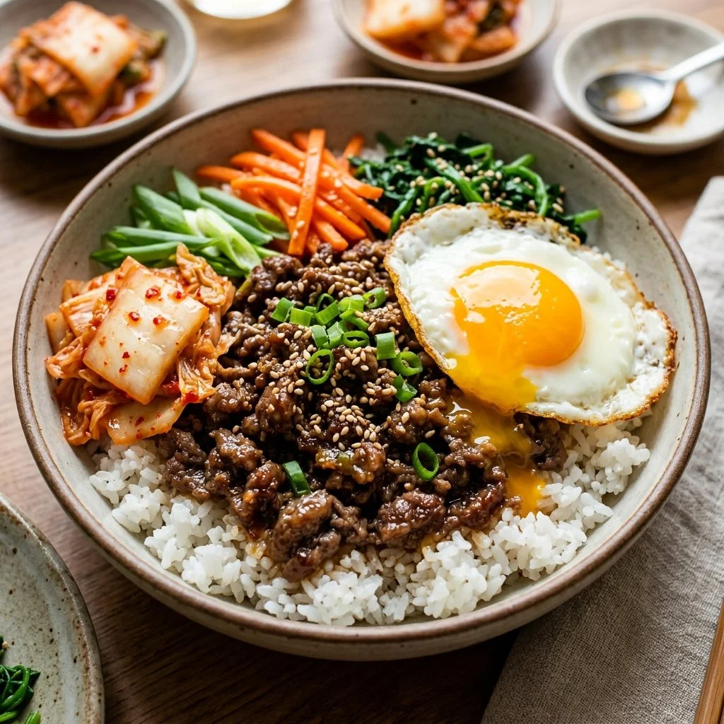 Delicious Korean Beef Bowl topped with fresh vegetables and rice