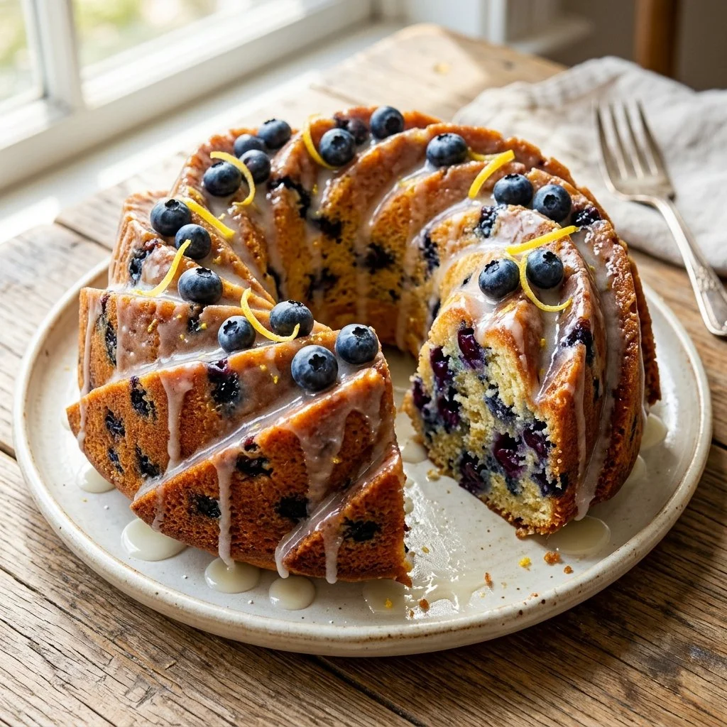 Lemon Blueberry Bundt Cake with slices showcasing lemon and blueberry flavors