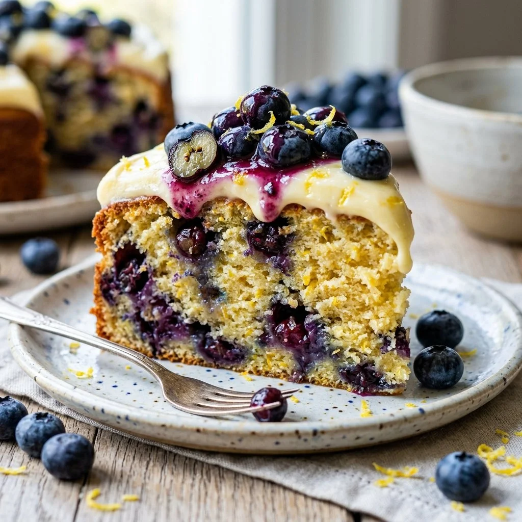 Delicious lemon blueberry cake with fresh berries and lemon zest, ready to enjoy.