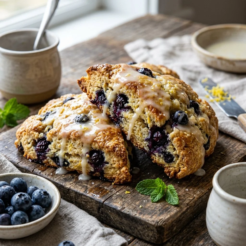 Freshly baked lemon blueberry scones with blueberries and lemon zest