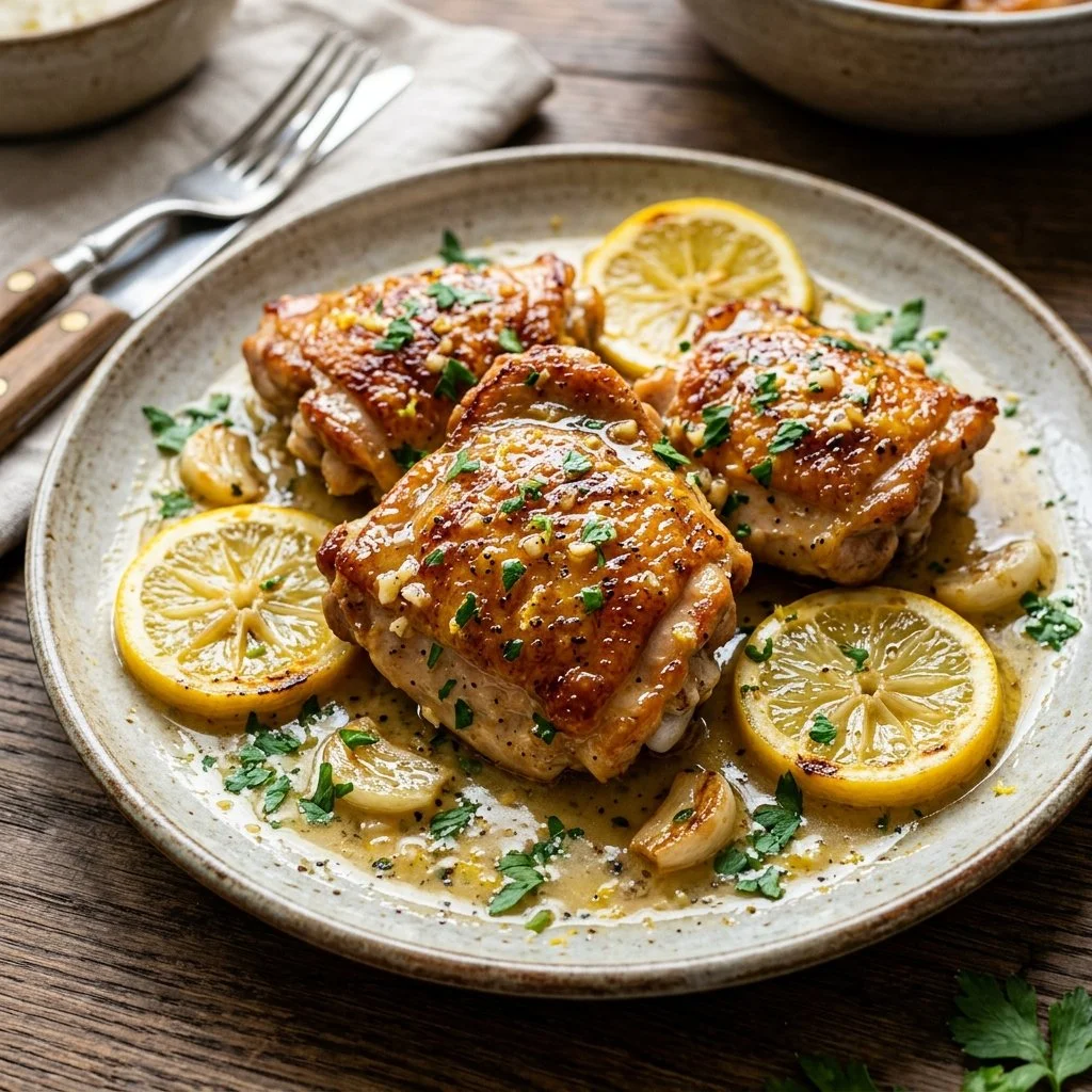 Delicious Lemon Butter Chicken with herbs and a side of vegetables