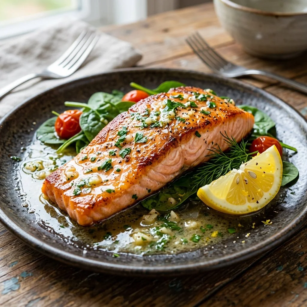 Delicious Lemon Butter Salmon fillet garnished with fresh herbs and lemon slices.