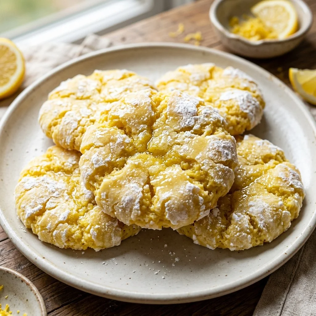 Freshly baked Lemon Crinkle Cookies on a cooling rack.