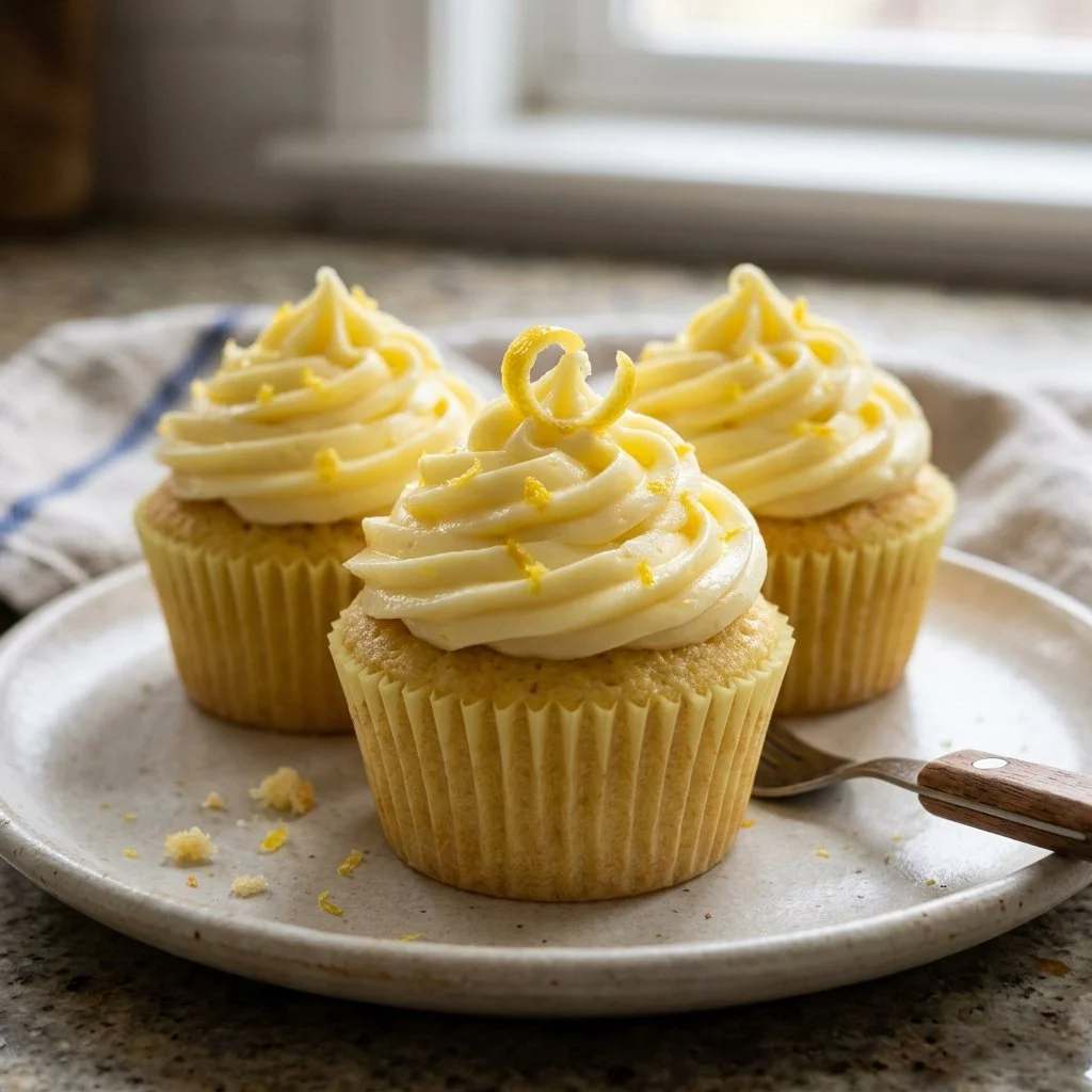 Delicious lemon cupcakes topped with creamy frosting and lemon zest.