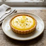 Delicious lemon curd tart slice on a plate garnished with lemon slices