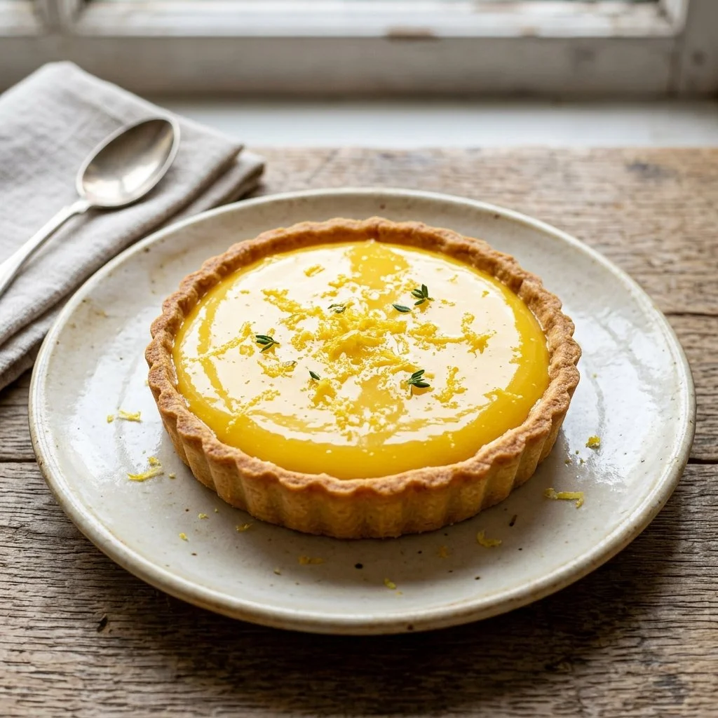 Delicious lemon curd tart slice on a plate garnished with lemon slices