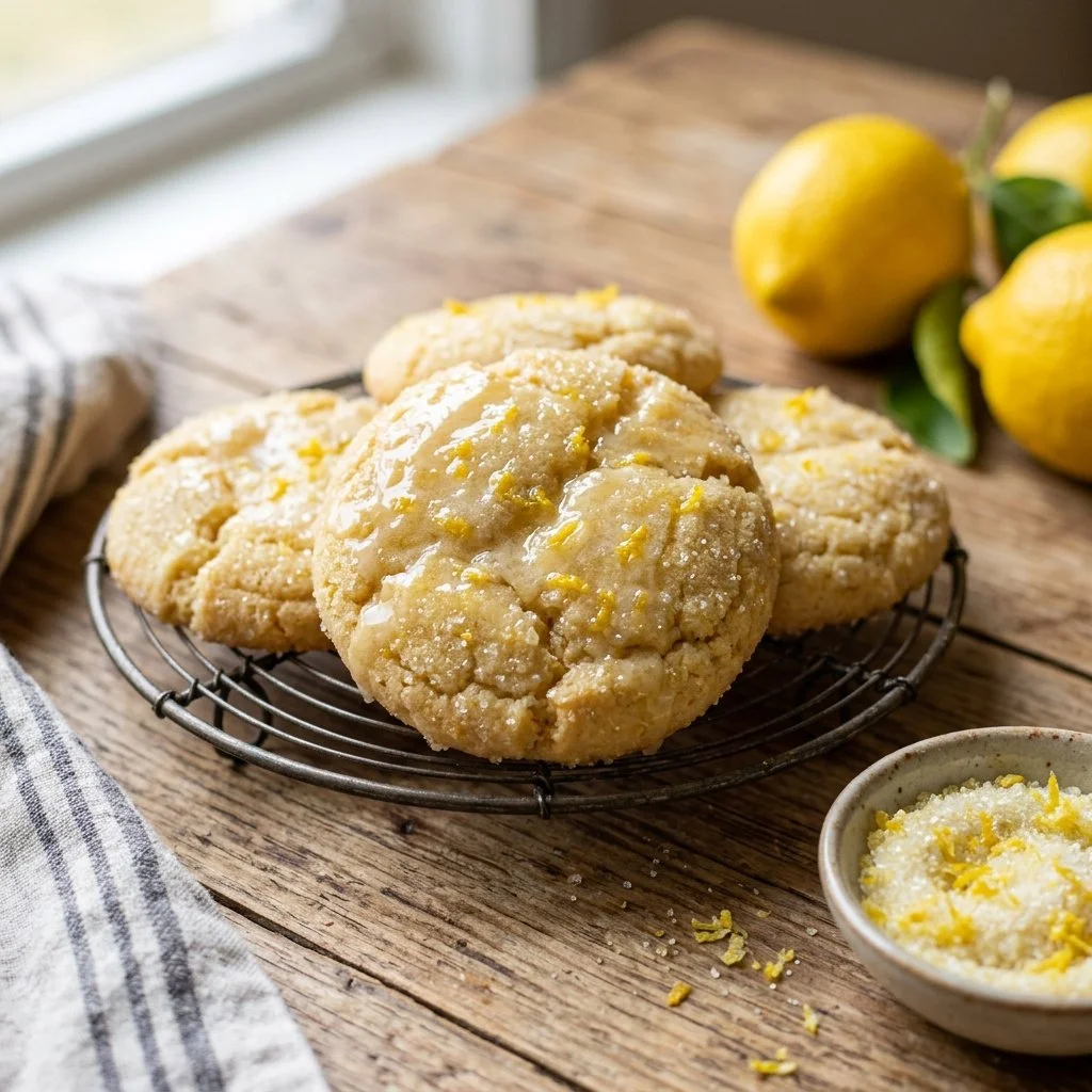 Plate of freshly baked Lemon Drop Cookies with a lemon slice garnish.