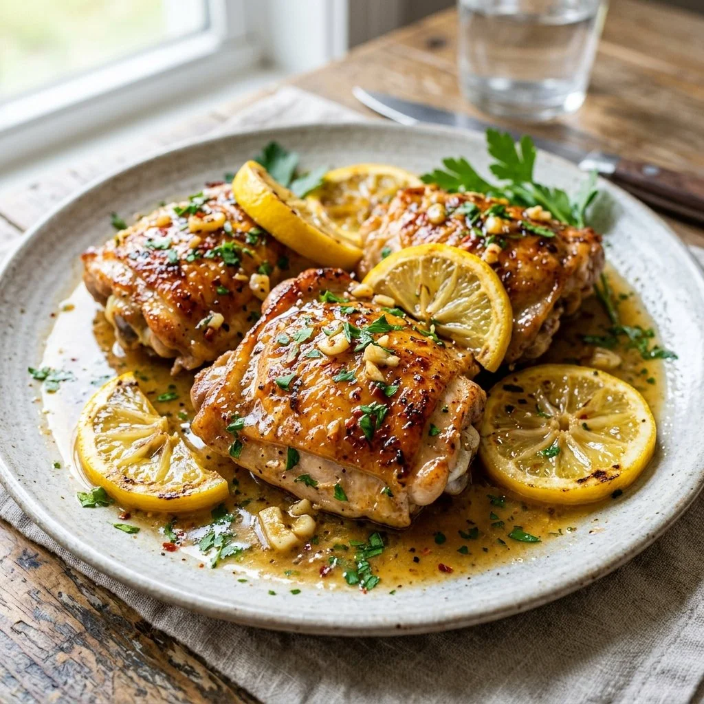 Lemon Garlic Butter Chicken garnished with herbs on a white plate