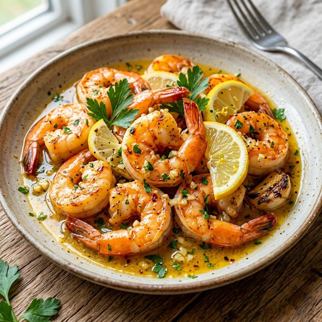 Delicious lemon garlic butter shrimp dish served with herbs and lemon wedges.