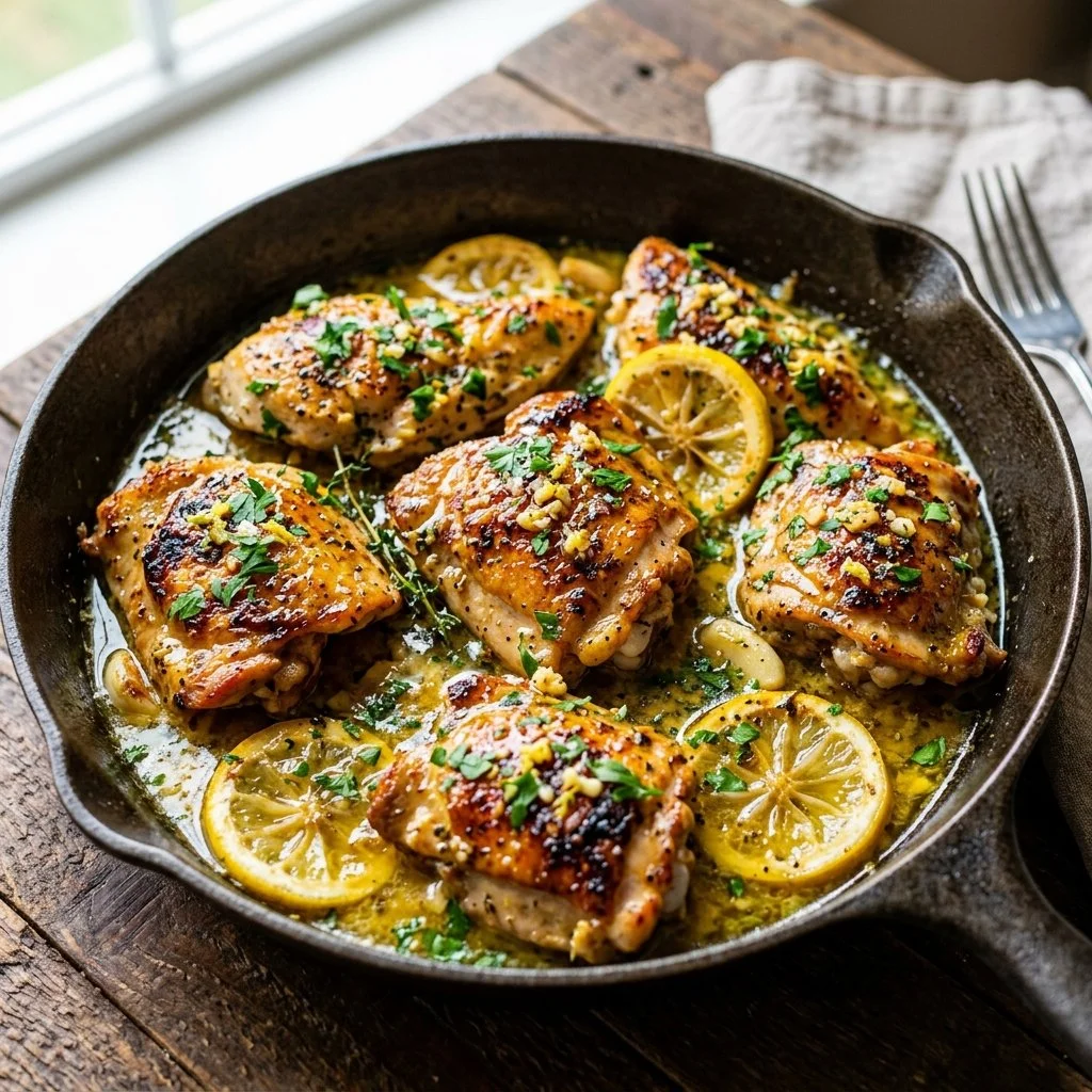 Delicious Lemon Garlic Chicken dish garnished with fresh herbs