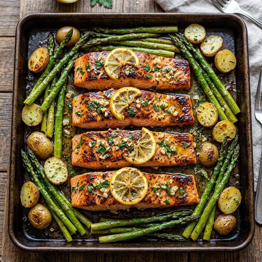 Lemon garlic salmon dish on a sheet pan, garnished with fresh herbs.