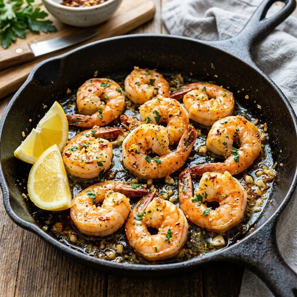 Plate of delicious Lemon Garlic Shrimp garnished with parsley