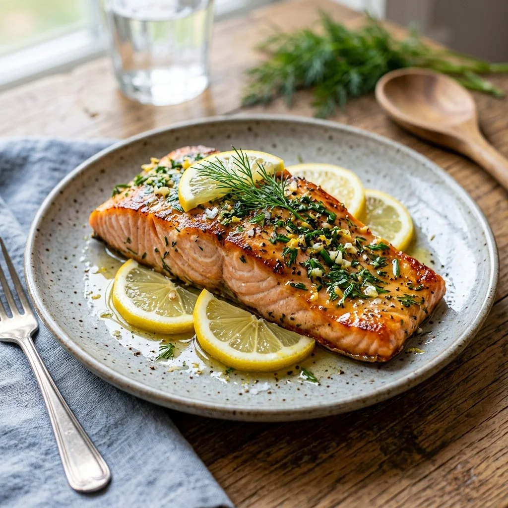 Delicious Lemon Herb Salmon garnished with fresh herbs and lemon slices on a plate
